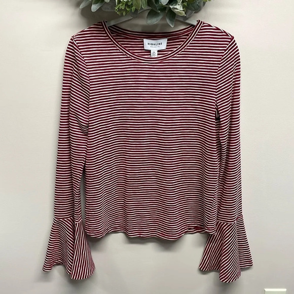 NWT Highline Collective Bell Sleeve Red White Striped Top M - Picture 1 of 16